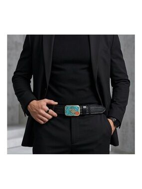 Justin Black Woven Leather Belt with a Cypress Tree of Life Vintage Buckle Sz 34